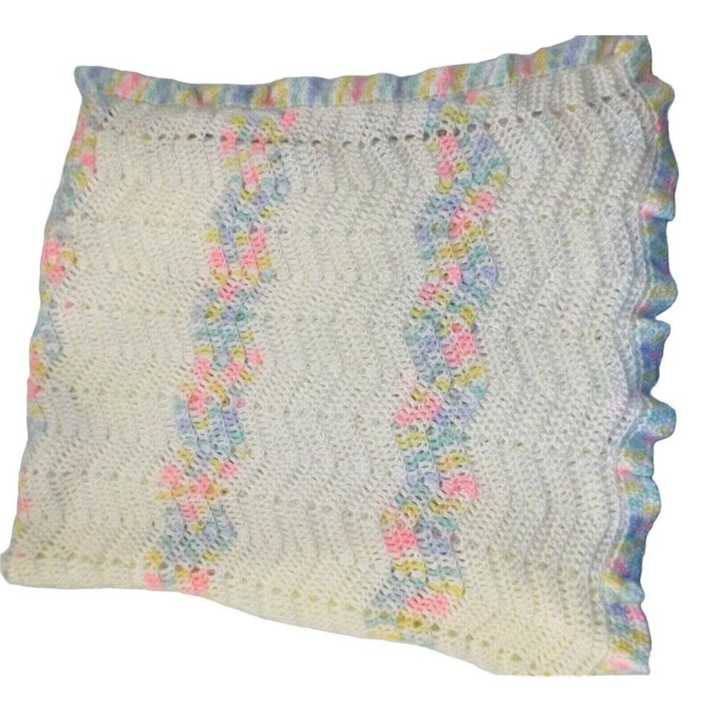 Handmade 44 X 60 crochet baby blanket white multicolor zigzag stripe ruffle edge